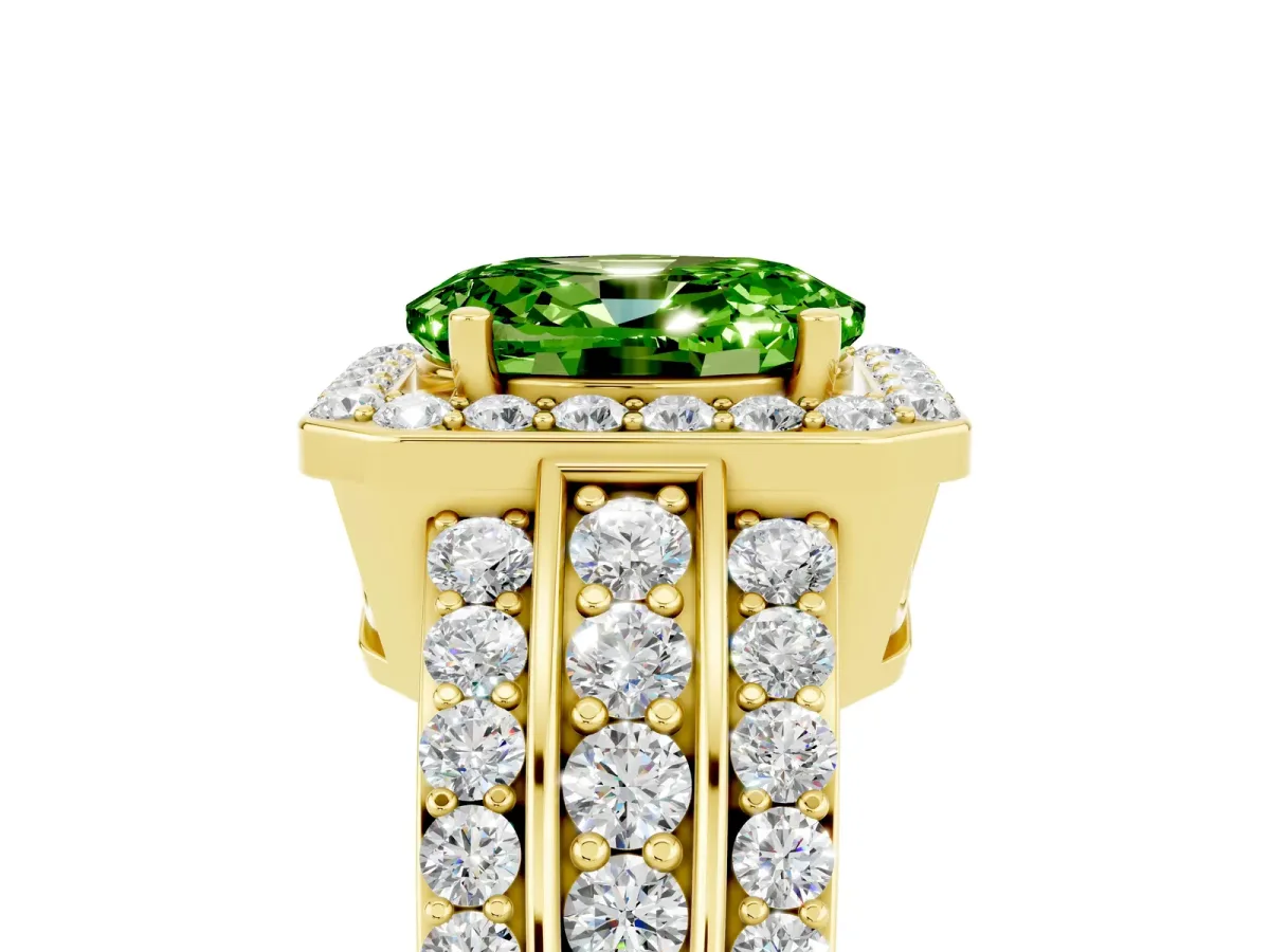 Oval Cut Halo Peridot Ring with Round Split Shank and Prong Setting Yellow gold