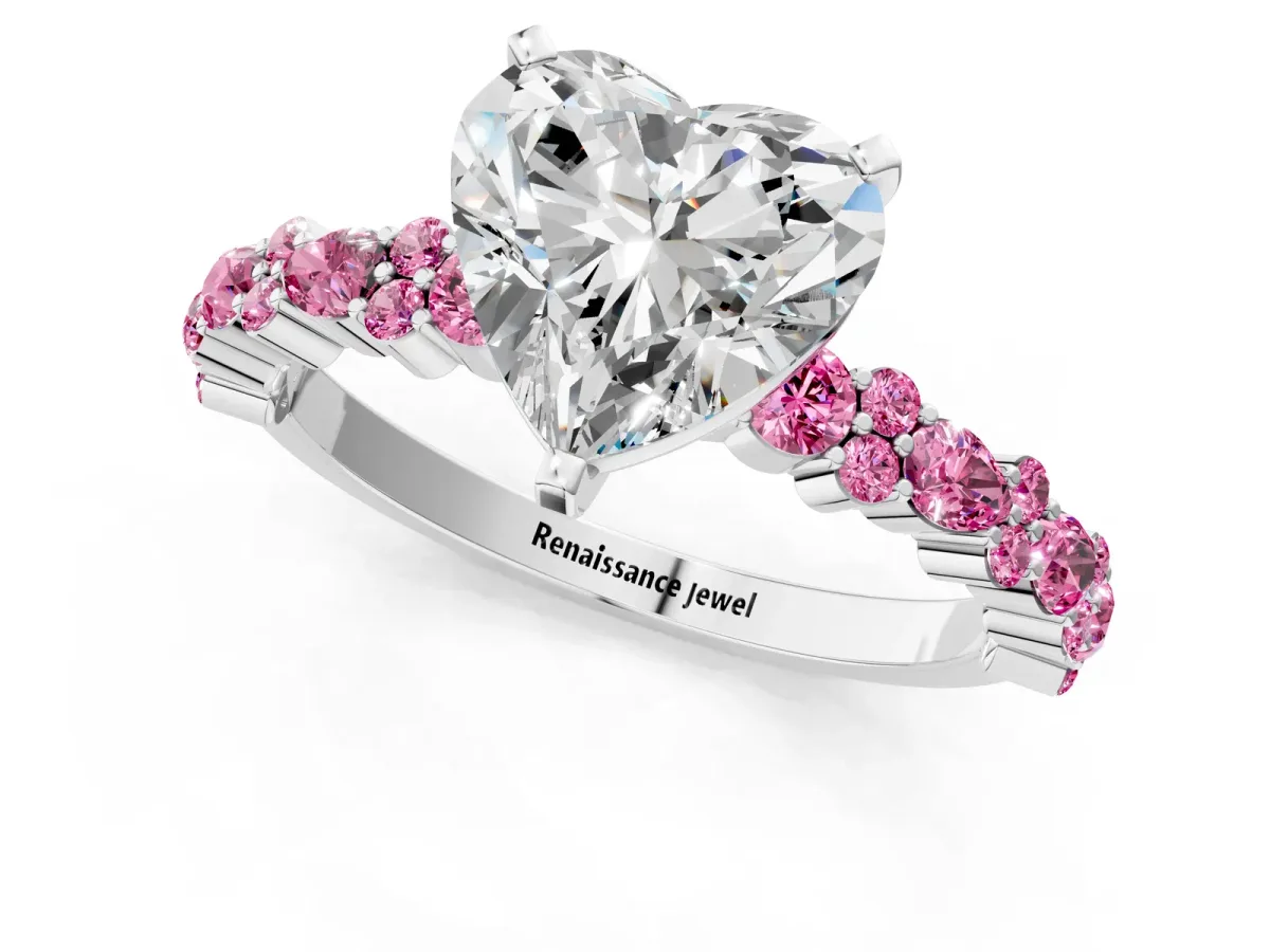 Heart Cut Diamond Side Stone Solitaire Ring with Round Pink Sapphire and Four-Prong Setting Silver