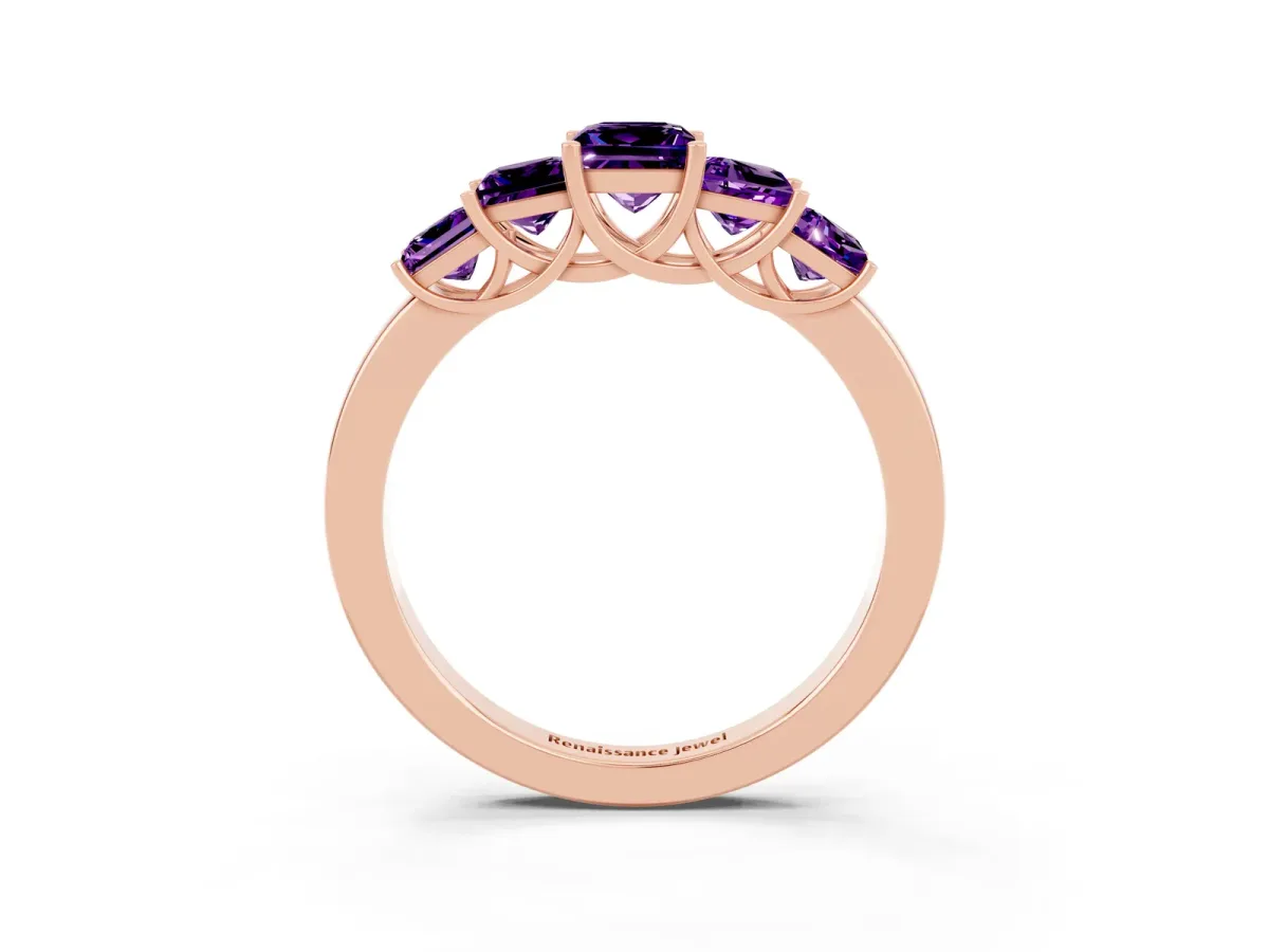 Princess Cut Five-Stone Amethyst Ring with Classic Prong Setting Rose gold