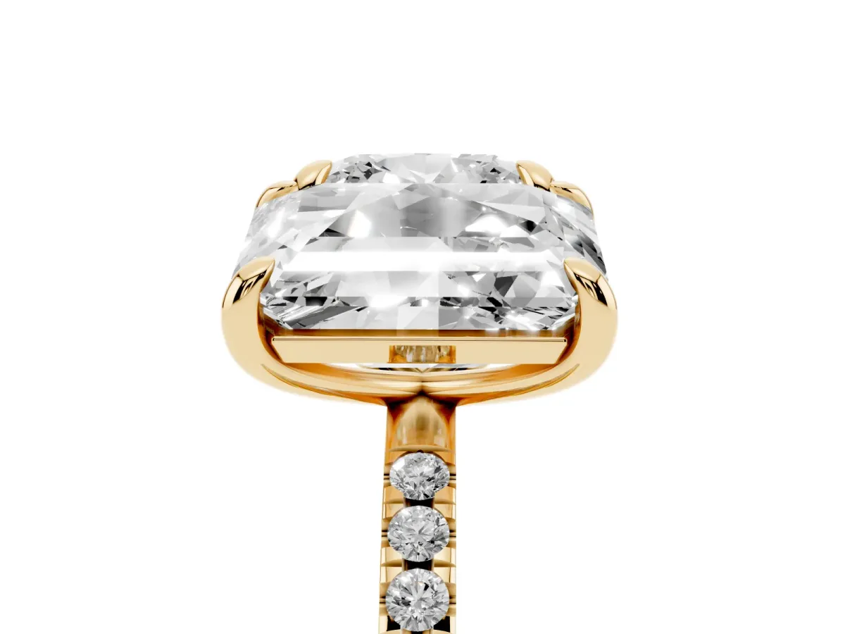 Cushion and Emerald Toi Moi Ring with Prong Setting and Micro Pave Band Yellow gold