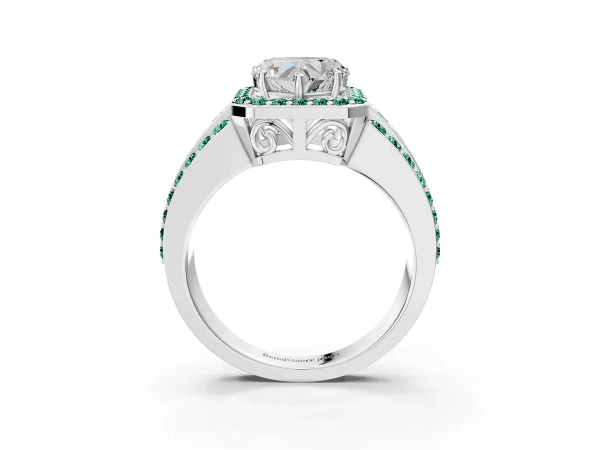 Heart Cut Halo Diamond Ring with Round Green Sapphire Split Shank and Prong Setting Silver