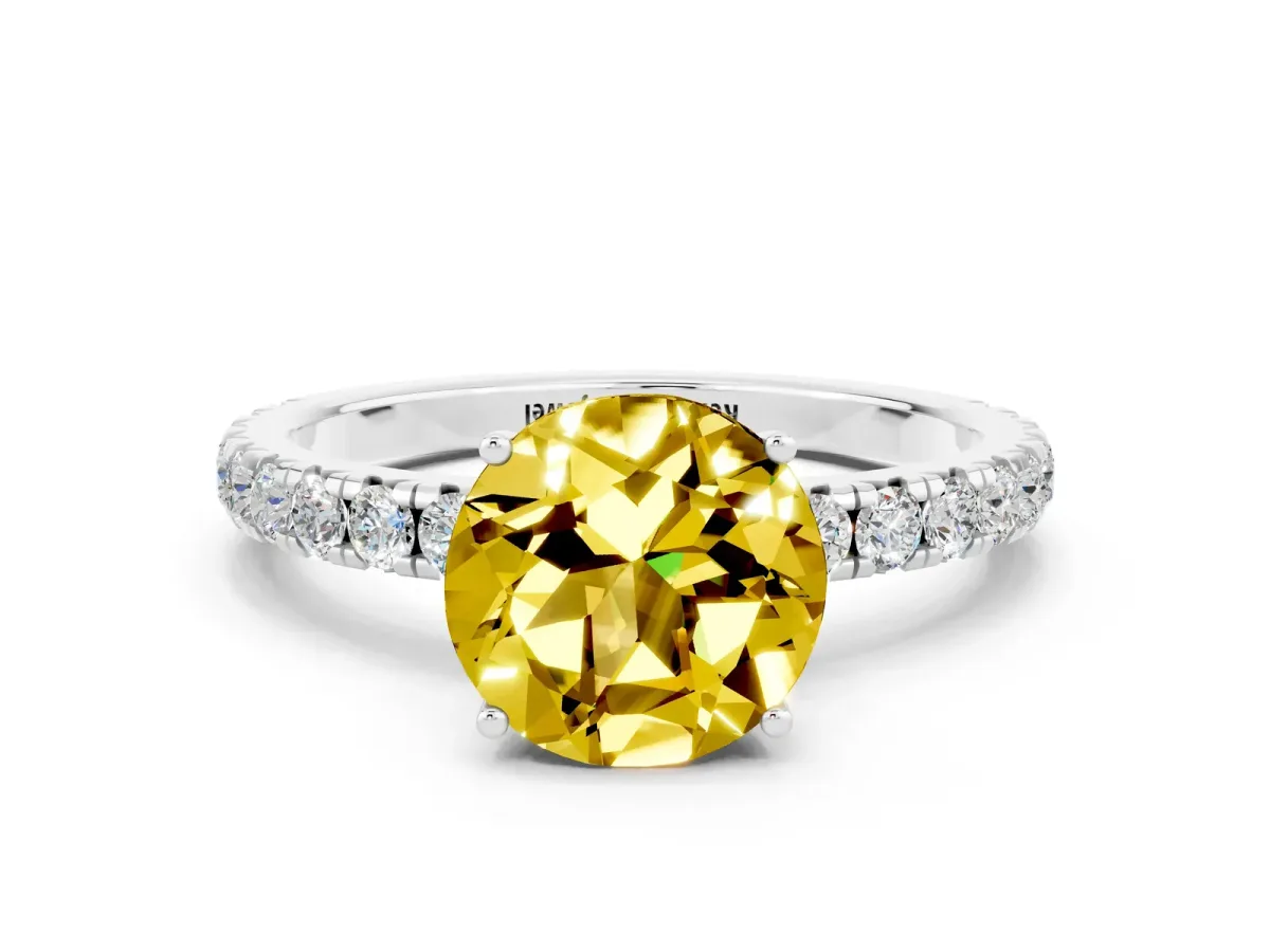 Round Cut Yellow Sapphire Pavé Solitaire Engagement Ring with Four-Prong Setting Silver