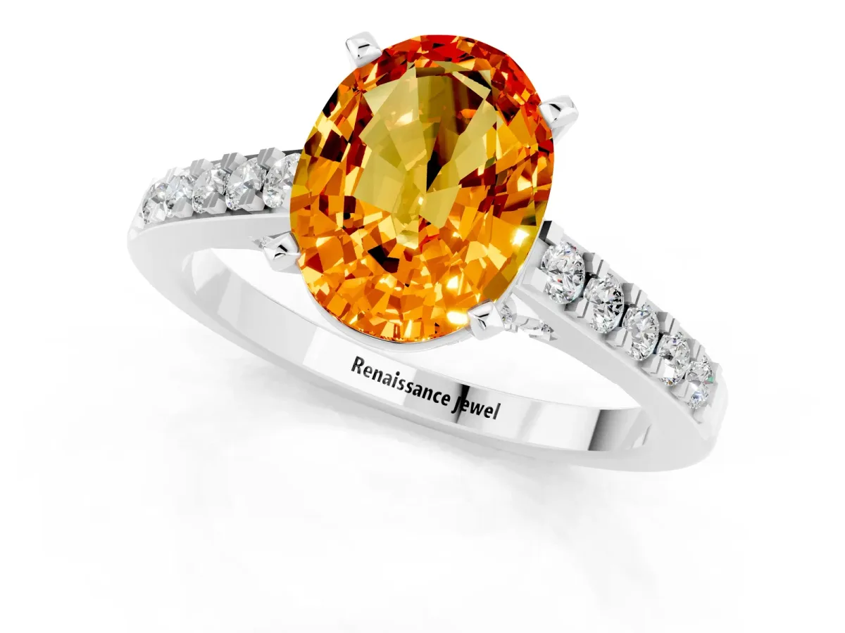 Oval Cut Citrine Solitaire Ring with Crossover Gallery and Round Pavé Band Silver