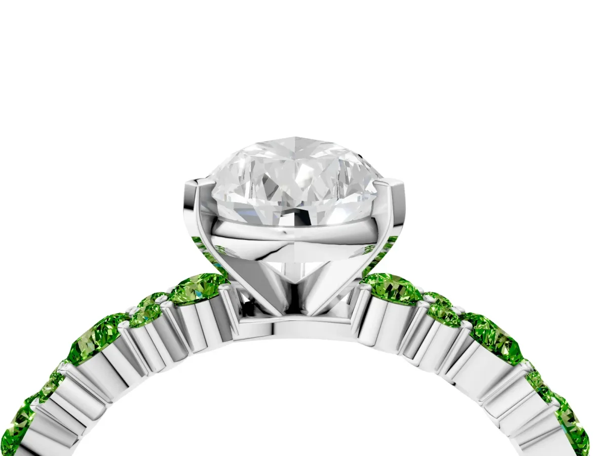 Pear Cut Diamond Side Stone Solitaire Ring with Round Peridot and Four-Prong Setting Platinum