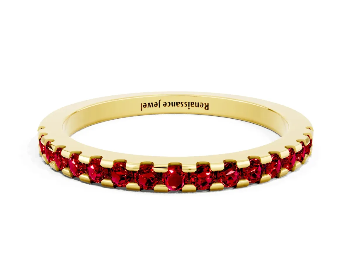 Round Ruby Pavé Set Eternity Band with Micro Prong Setting Yellow gold