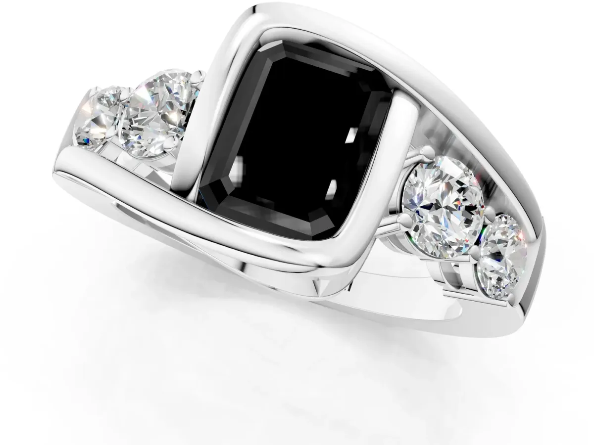 Fancy Black Bezel Set Emerald Cut Diamond Bypass Ring with Round Accents Platinum