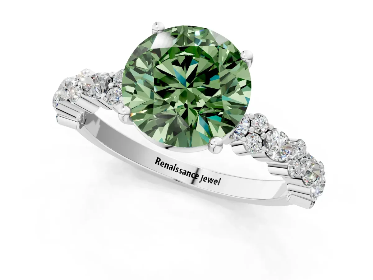 Fancy Green Round Cut Diamond Side Stone Solitaire Ring with Round and Four-Prong Setting Platinum