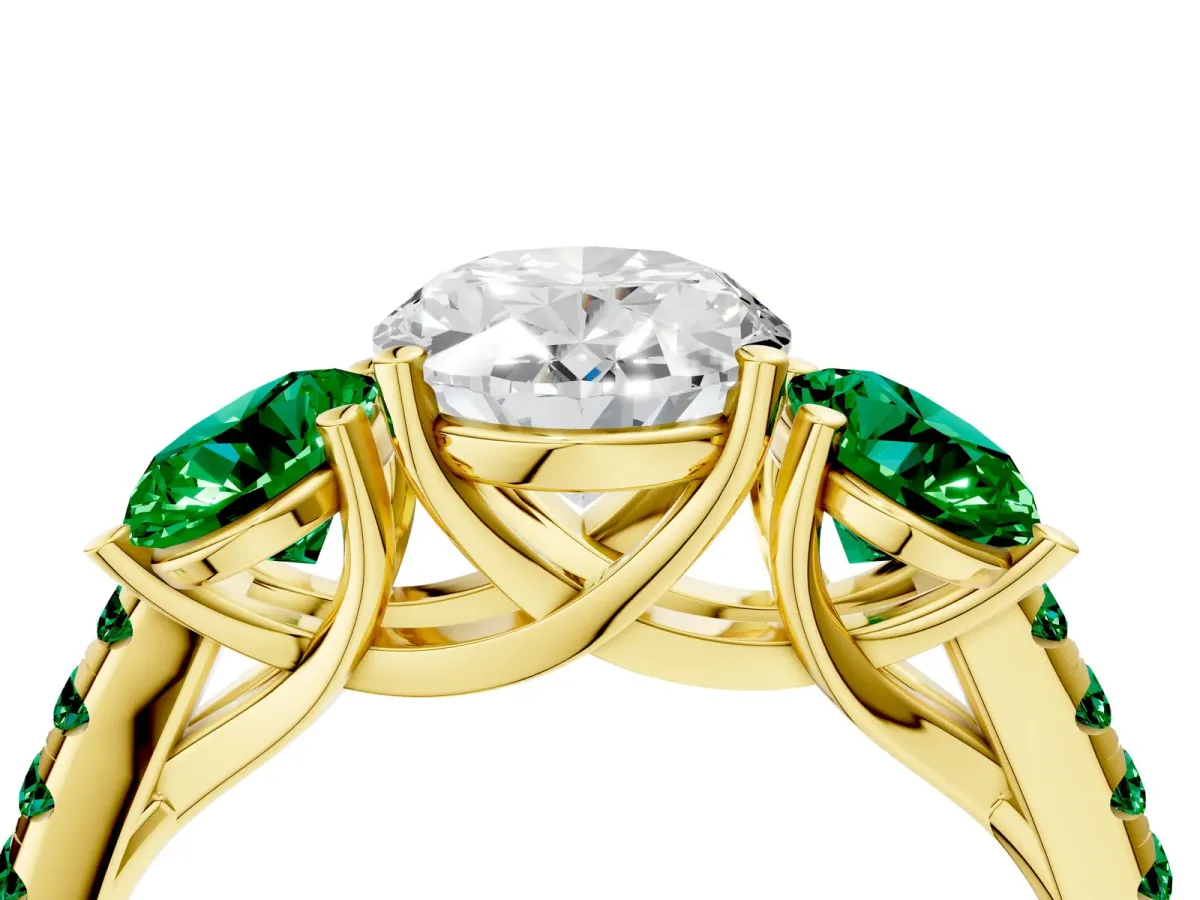 Three-Stone Oval Cut Diamond Ring with Round Emerald Pavé Band and Prong Setting Yellow gold