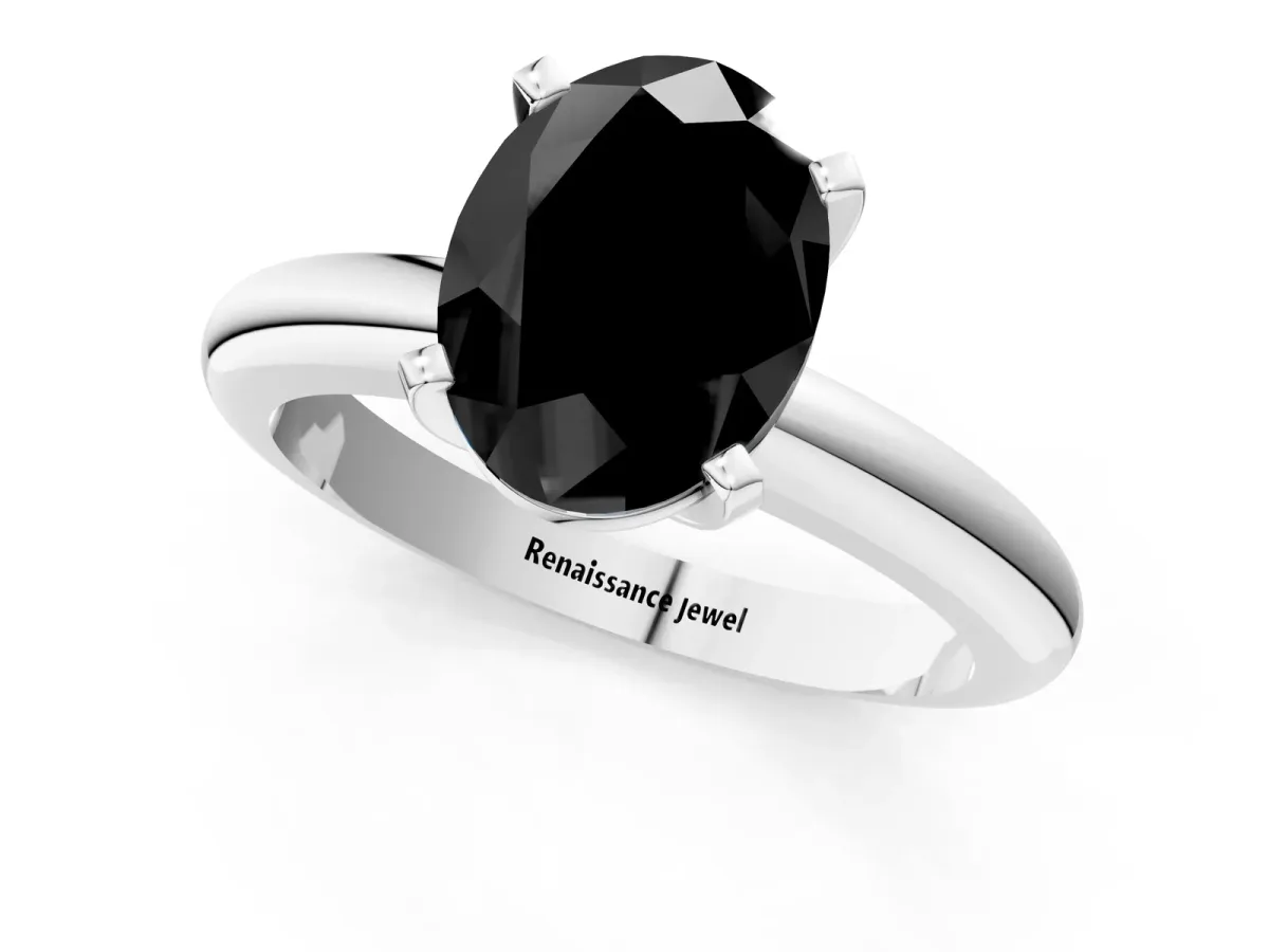 Fancy Black Oval Cut Diamond Solitaire Engagement Ring with Round Band and Four-Prong Setting Silver