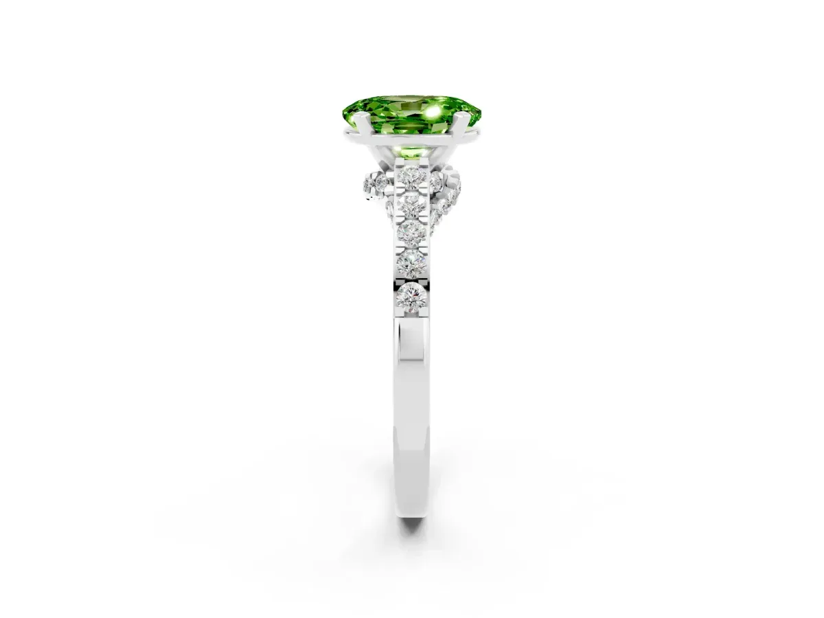 Oval Cut Peridot Solitaire Ring with Crossover Gallery and Round Pavé Band Platinum