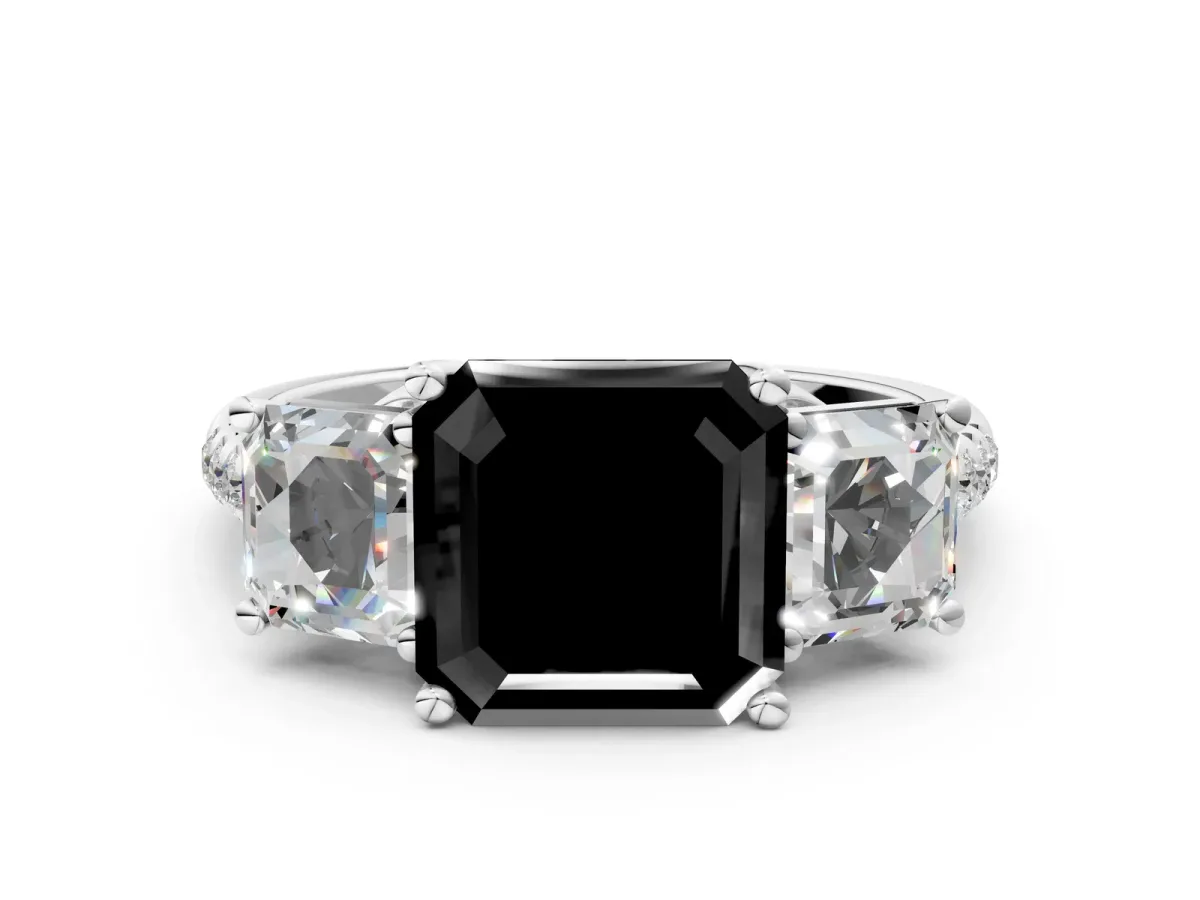 Fancy Black Three-Stone Asscher Cut Diamond Ring with Round Pavé Band and Prong Setting Silver