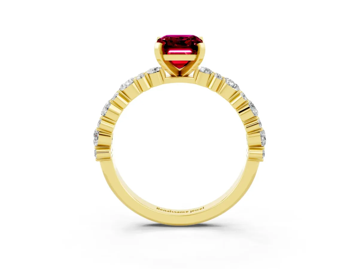 Emerald Cut Garnet Side Stone Solitaire Ring with Round and Four-Prong Setting Yellow gold