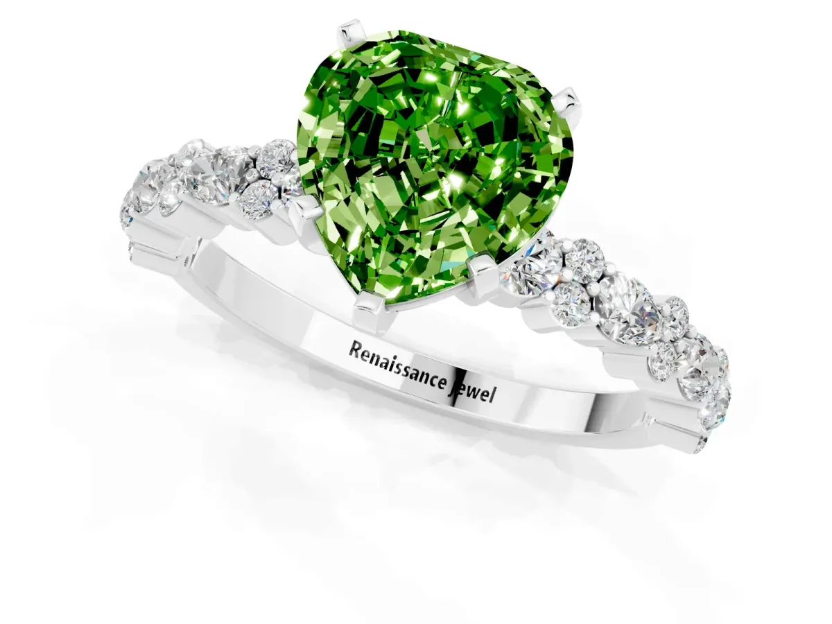 Heart Cut Peridot Side Stone Solitaire Ring with Round and Four-Prong Setting Platinum
