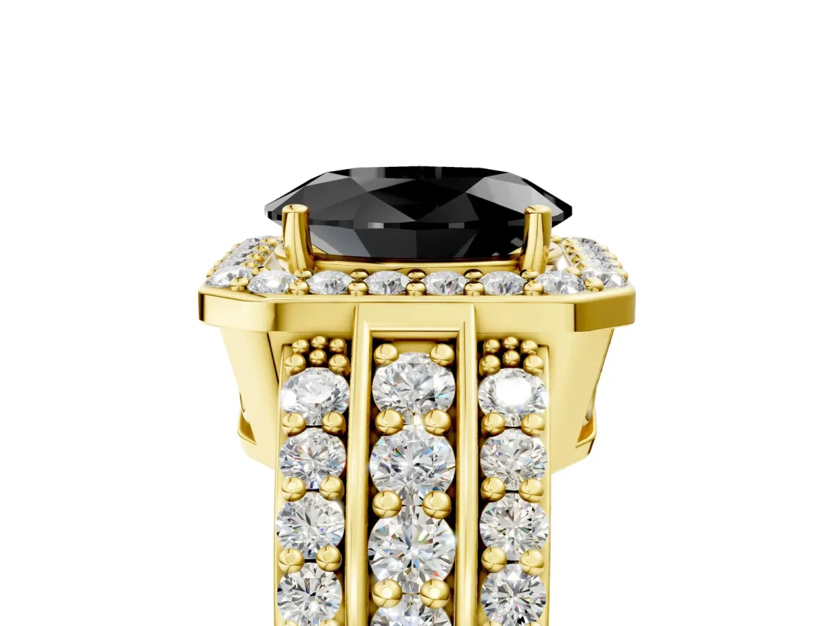 Fancy Black Oval Cut Halo Diamond Ring with Round Split Shank and Prong Setting Yellow gold
