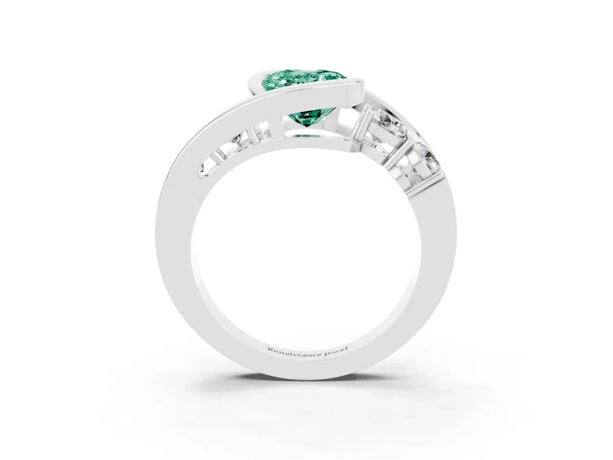 Bezel Set Oval Cut Green Sapphire Bypass Ring with Round Accents Silver