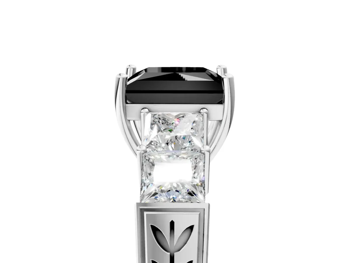 Fancy Black Princess Cut Solitaire Princess Side Stone Engraved Band Prong Setting Ring Silver