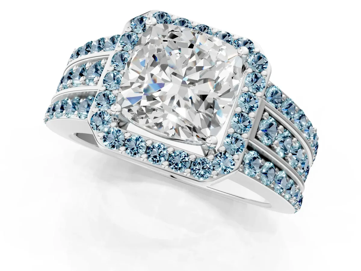 Cushion Cut Halo Diamond Ring with Round Aquamarine Split Shank and Prong Setting Silver
