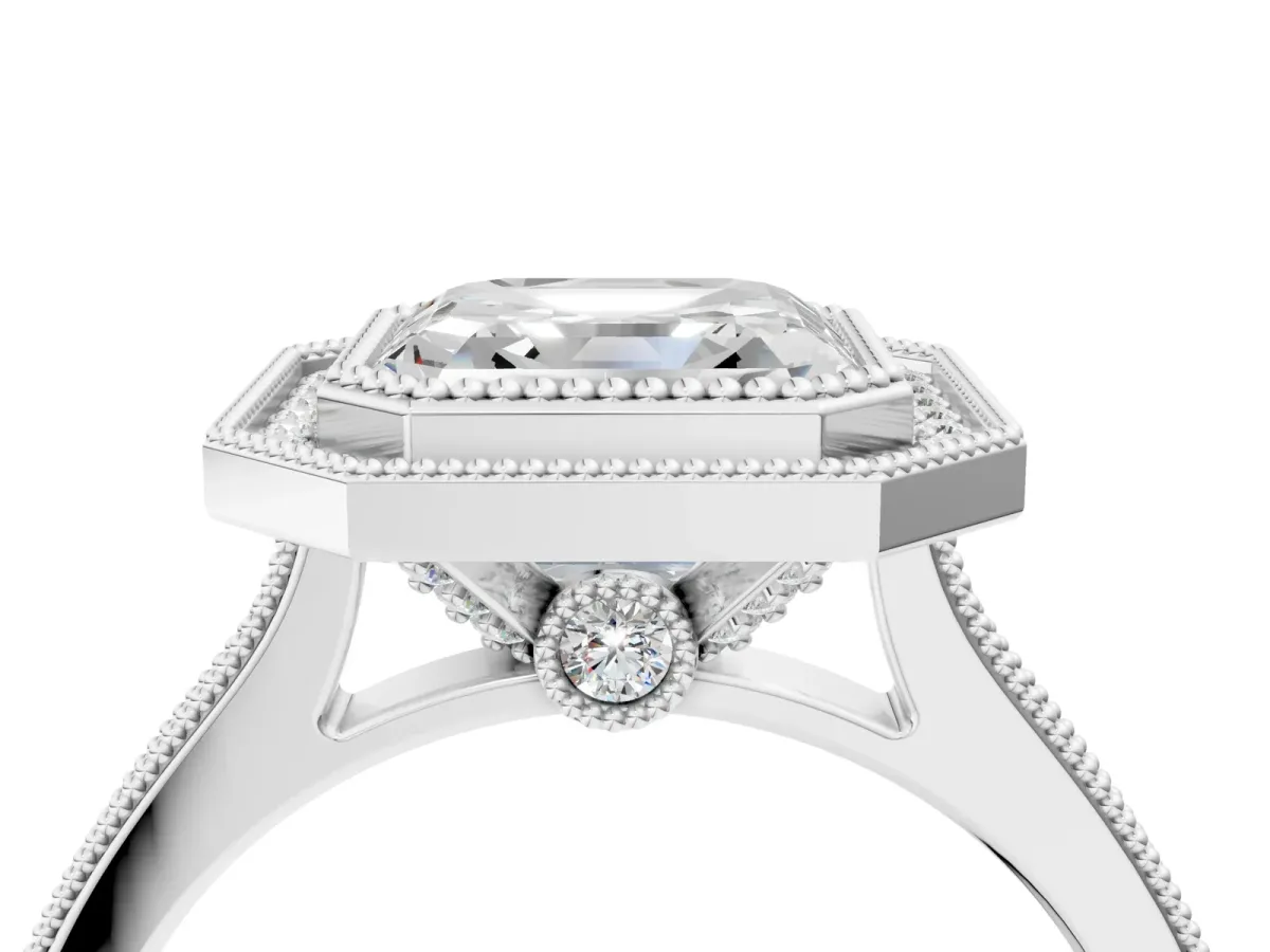 Halo Asscher Cut-Cut Diamond Pave Band Milgrain Prong Setting Ring Platinum