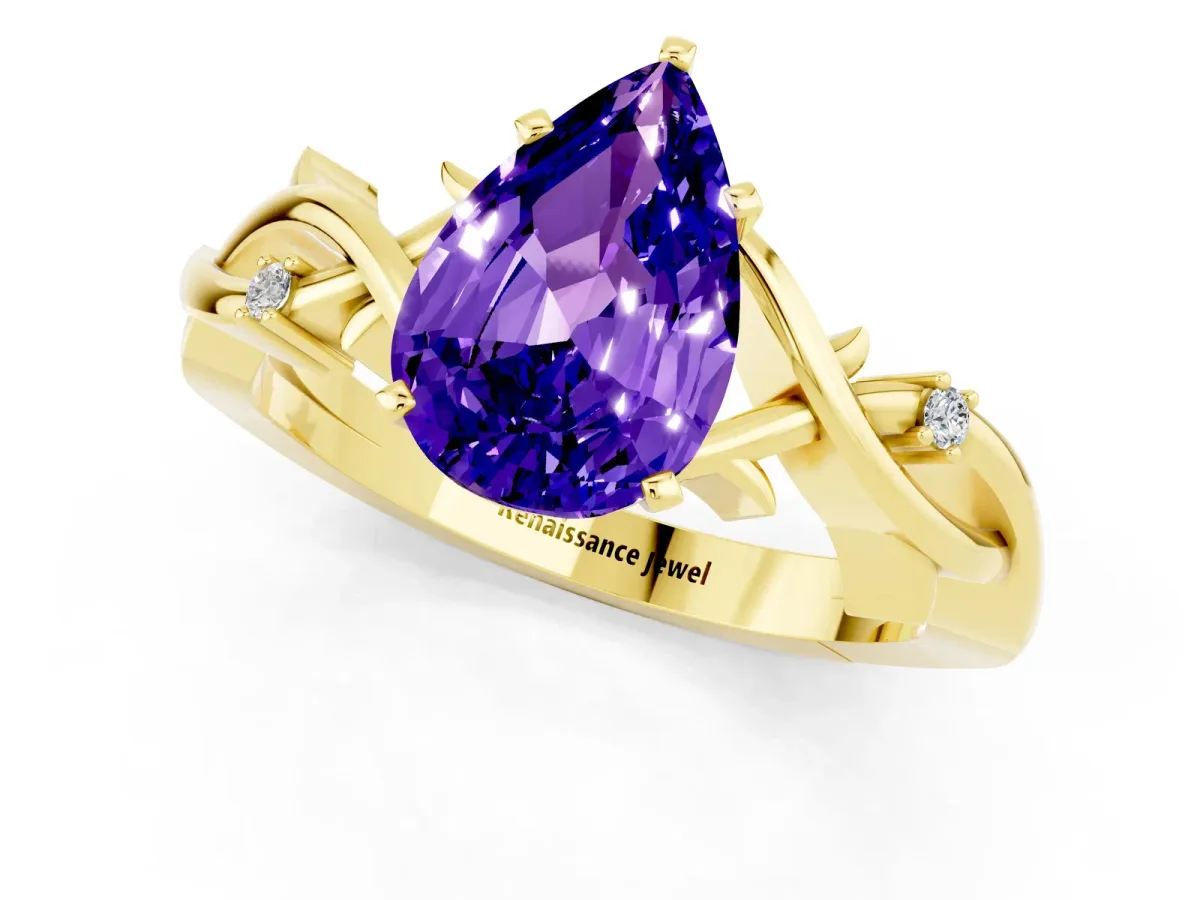 Pear Cut Tanzanite Solitaire Ring with Twisted Band and Prong Setting Yellow gold
