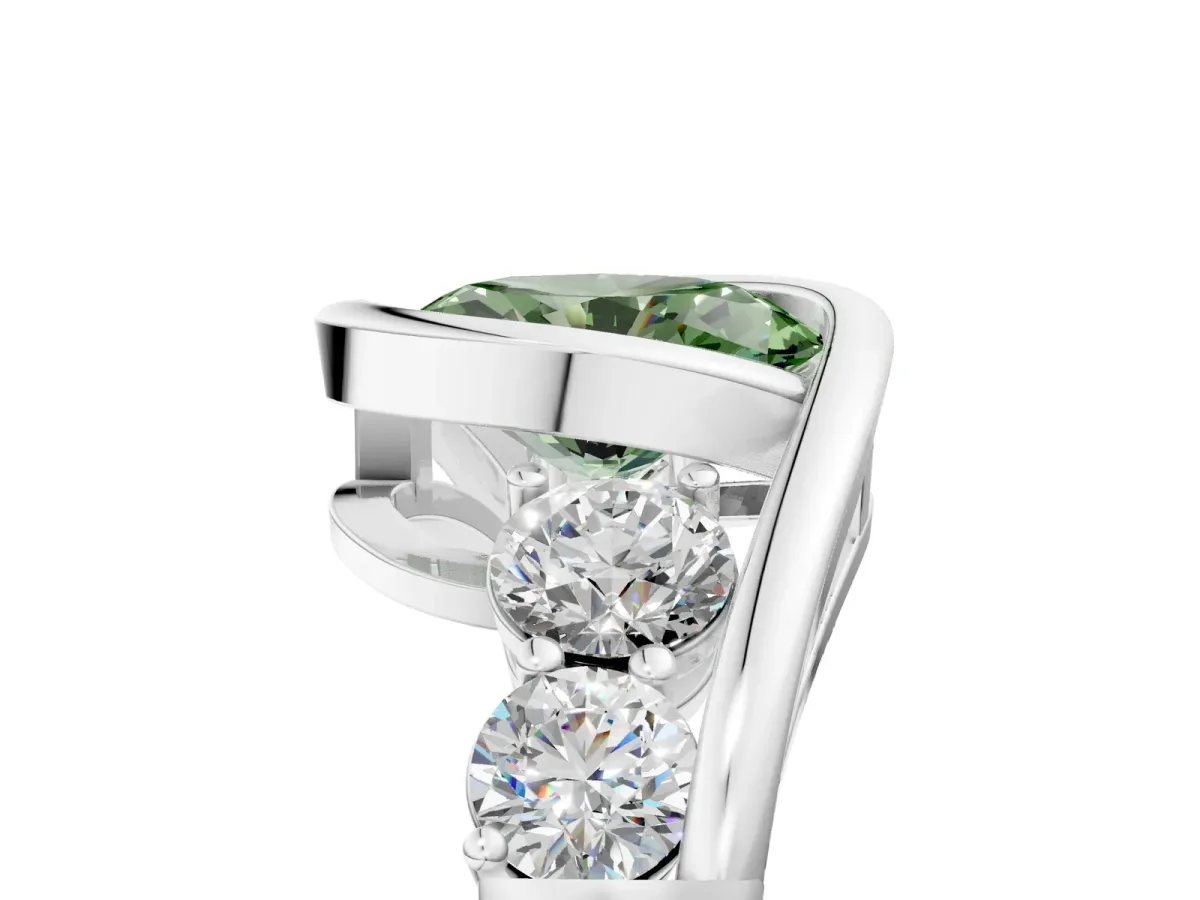 Fancy Green Bezel Set Oval Cut Diamond Bypass Ring with Round Accents Platinum
