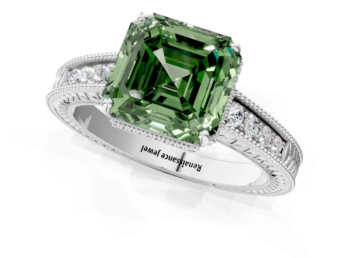 Fancy Green Asscher Cut Cut Diamond Milgrain Pave Band Four-Prong Setting Ring Platinum