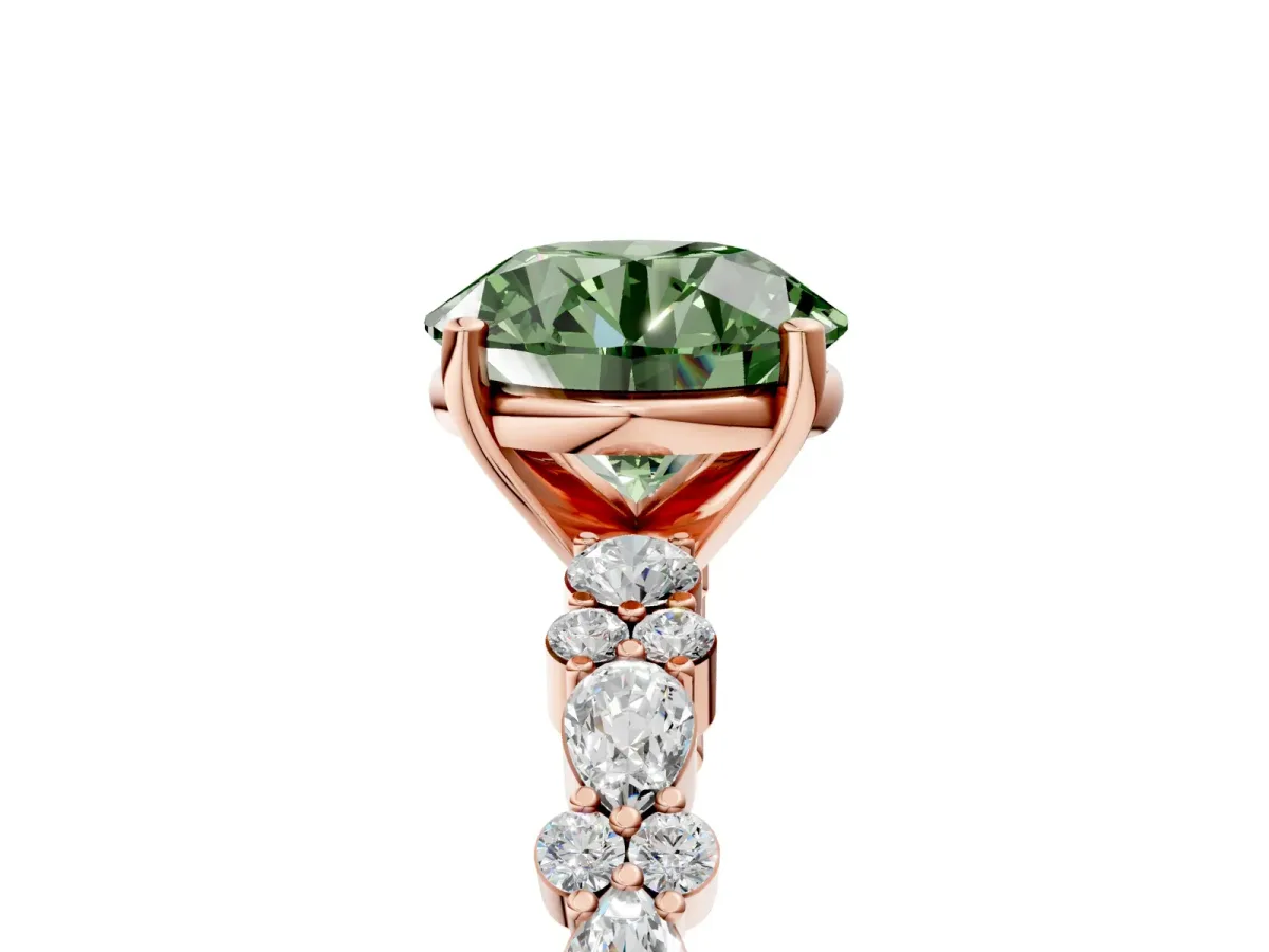 Fancy Green Round Cut Diamond Side Stone Solitaire Ring with Round and Four-Prong Setting Rose gold