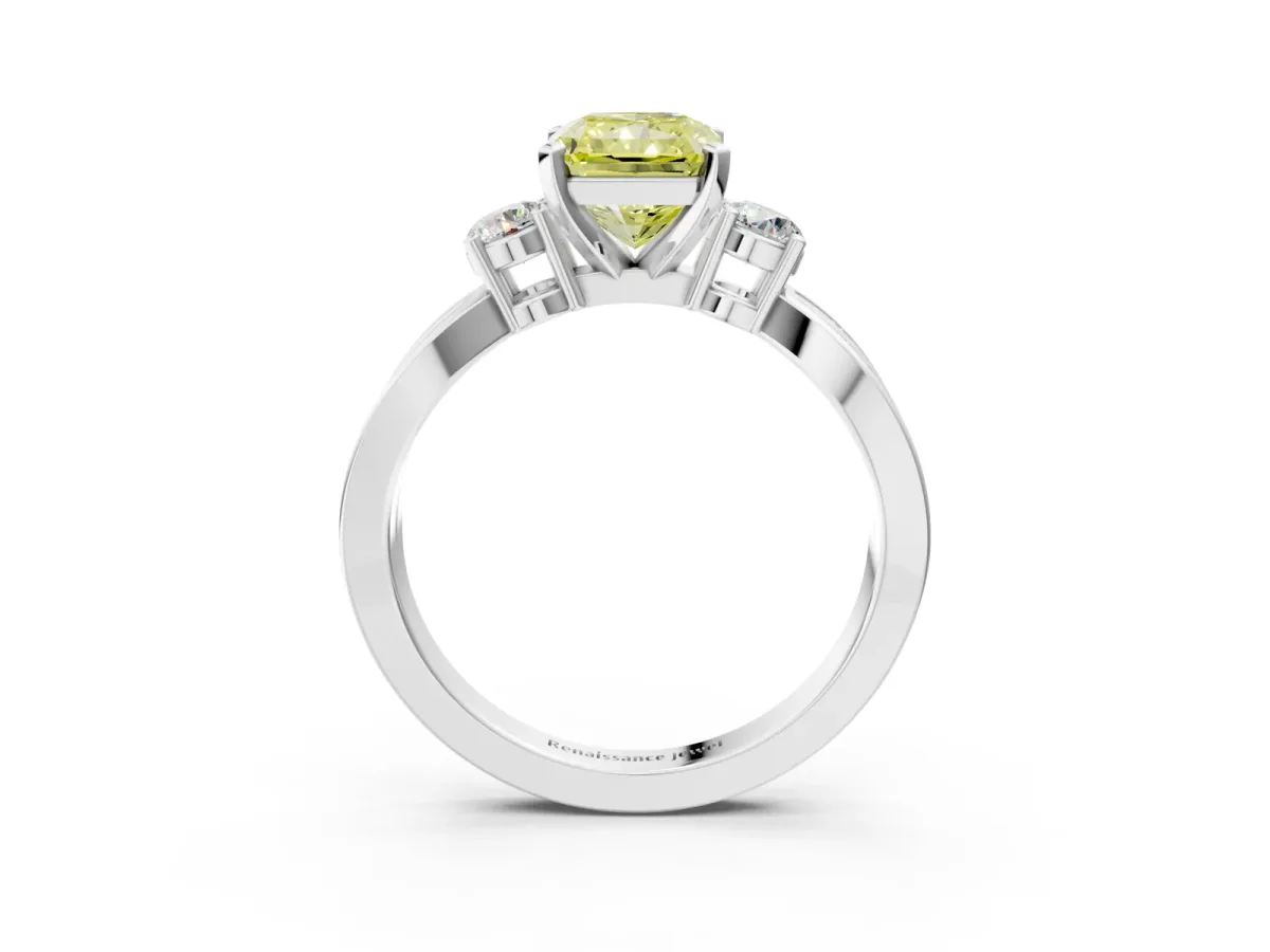 Fancy Yellow Three-Stone Radiant Cut Cut Diamond Twist Band with Prong Setting Platinum