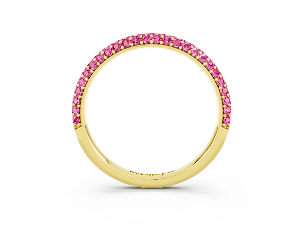 Round Pink Sapphire Pavé Eternity Band with Shared Prong Setting Yellow gold