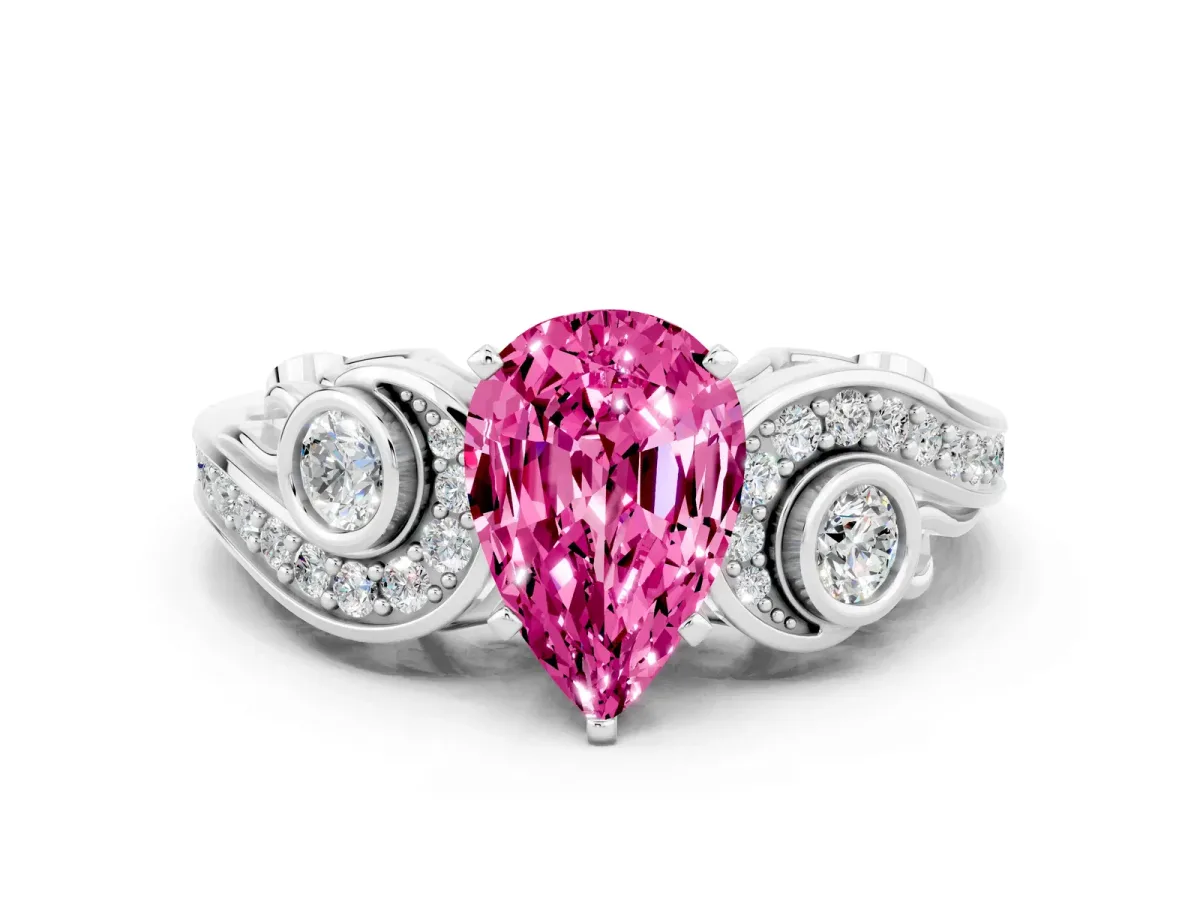 Pear Cut Pink Sapphire Solitaire Ring with Milgrain Pavé Band and Four-Prong Setting Silver