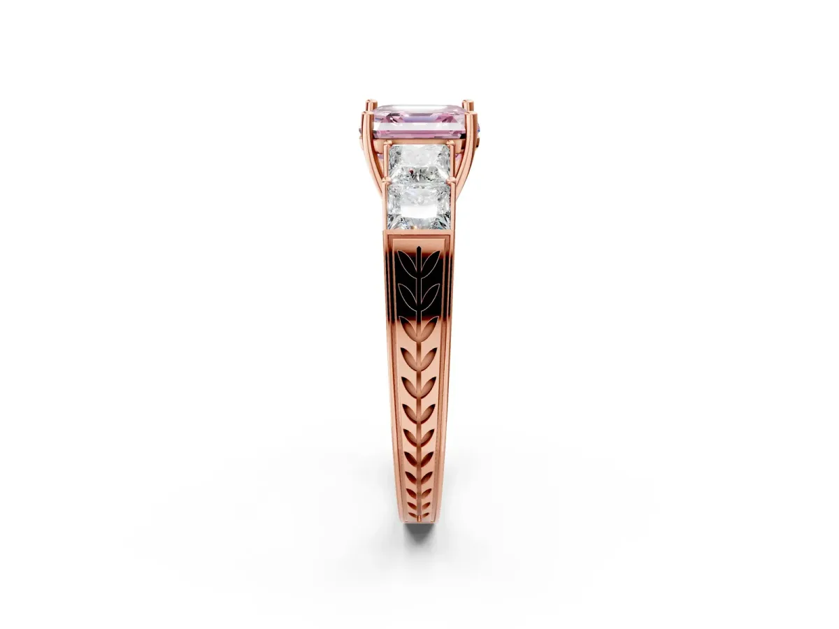 Fancy Pink Asscher Cut Solitaire Princess Side Stone Engraved Band Prong Setting Ring Rose gold