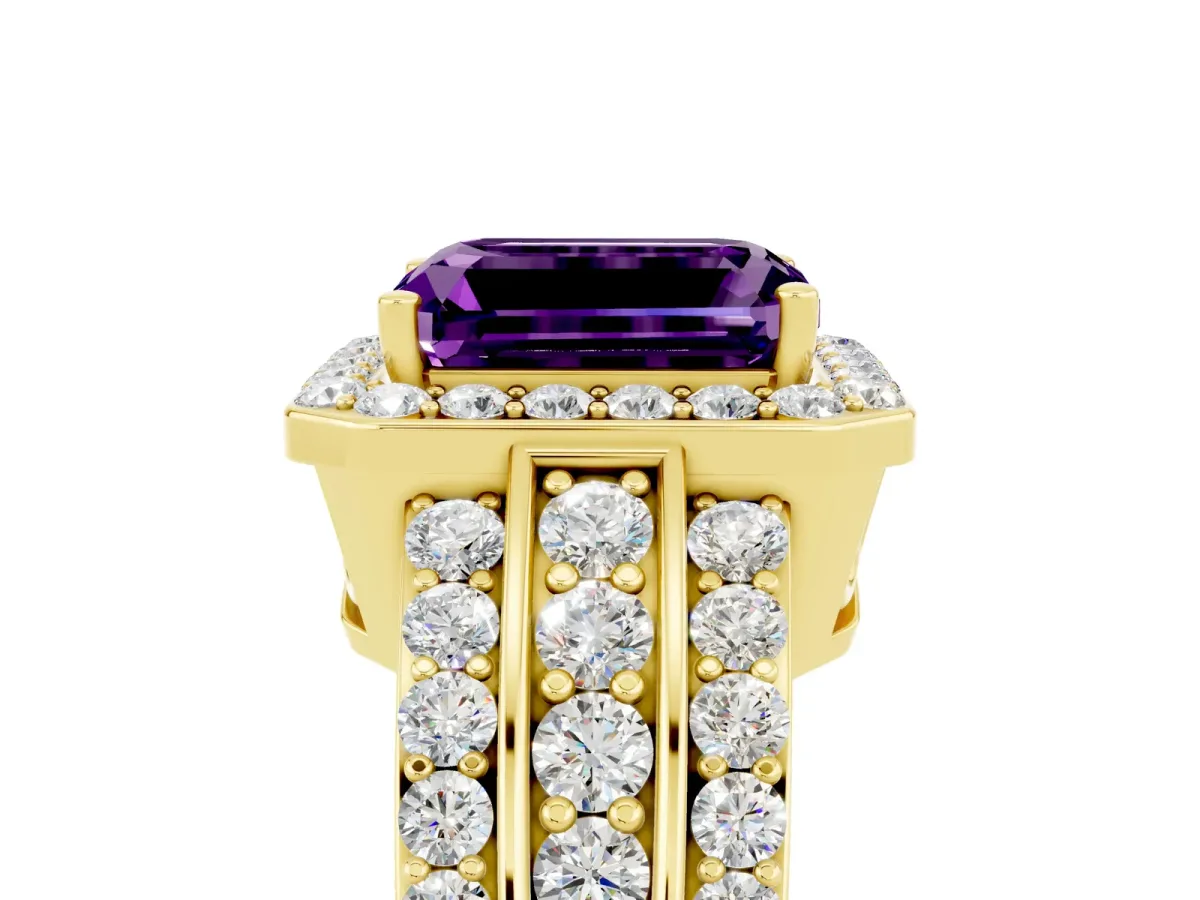 Emerald Cut Halo Amethyst Ring with Round Split Shank and Prong Setting Yellow gold