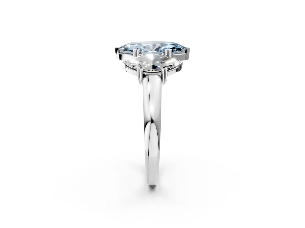 Fancy Blue Three-Stone Marquise Cut Cut Diamond Ring with Channel Set Band and Four-Prong Setting Platinum