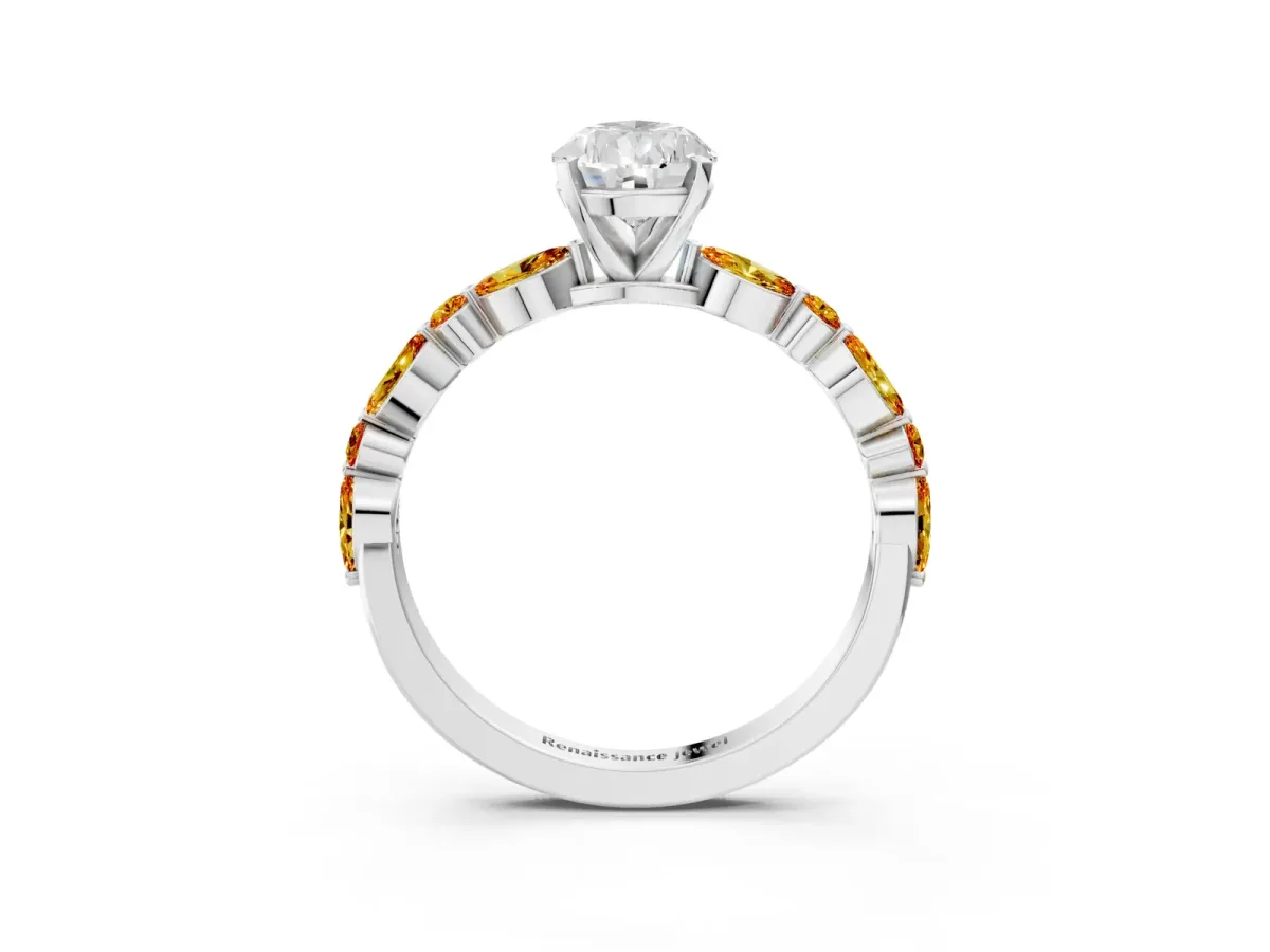 Pear Cut Diamond Ring with Marquise and Round Citrine Side Stones and Four-Prong Setting Silver