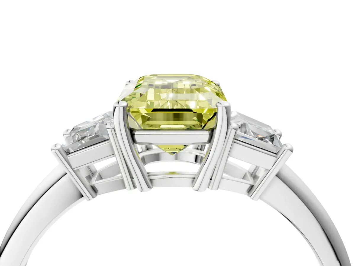 Fancy Yellow Emerald Cut Diamond Three-Stone Ring with Trapezoid Side Stones and Prong Setting Platinum