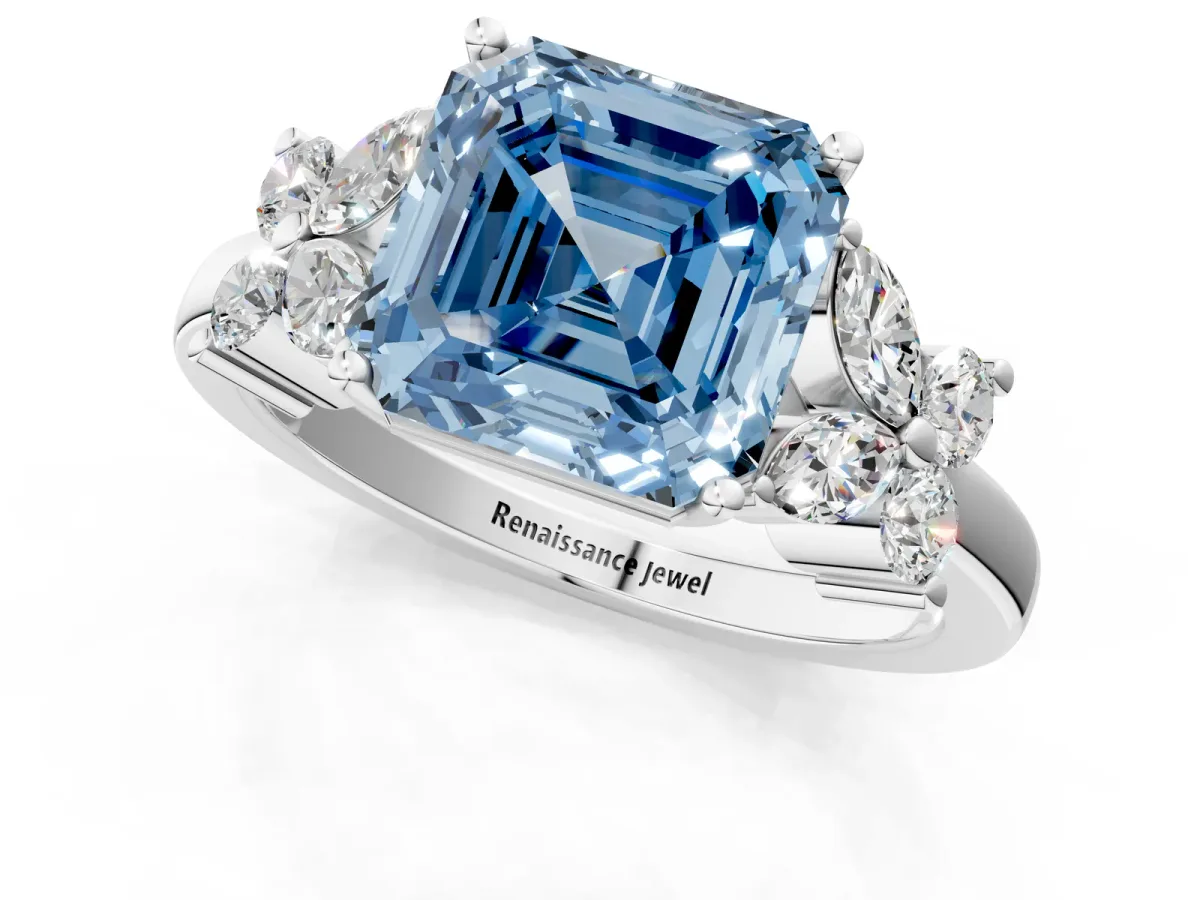 Fancy Blue Asscher Cut Diamond Floral Cluster Ring with Solitaire Band and Prong Setting Platinum