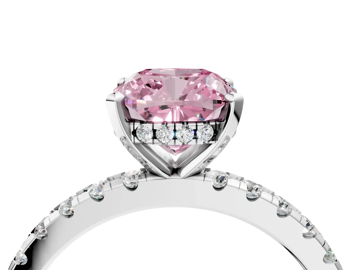 Fancy Pink Cushion Cut Diamond Solitaire Ring with Round Pavé Band and Four-Prong Setting Silver