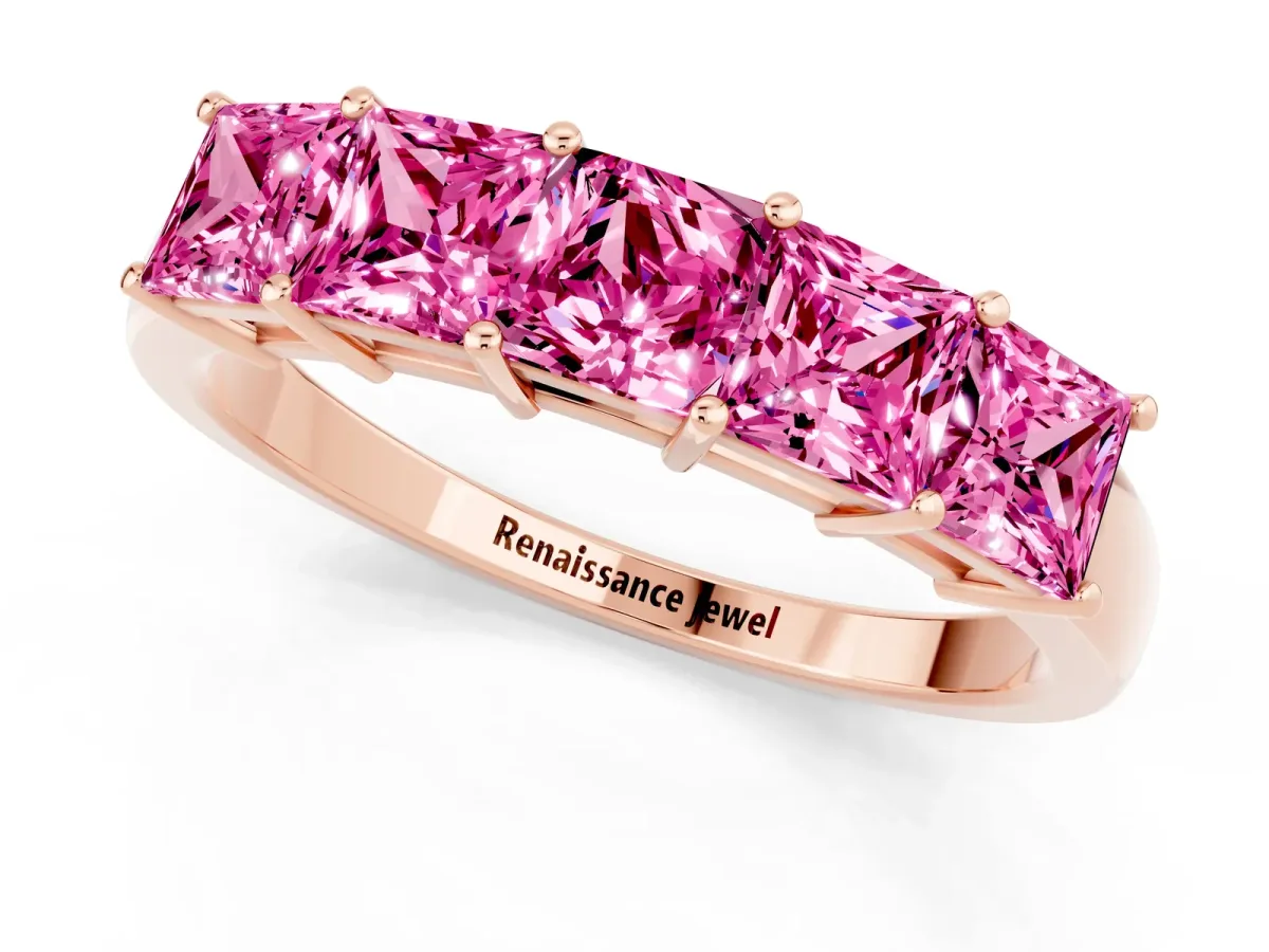 Princess Cut Five-Stone Pink Sapphire Band with Prong Setting Rose gold