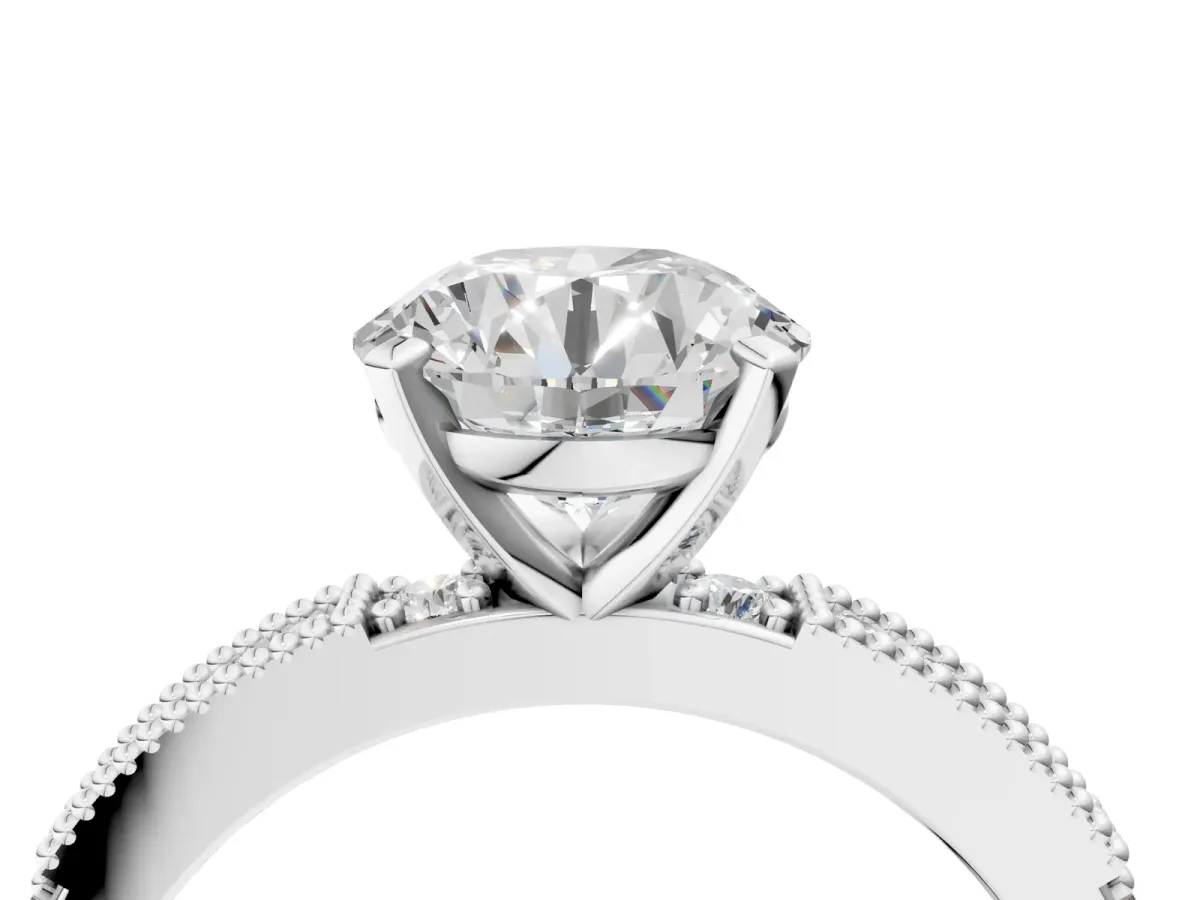 Round Cut Solitaire with Pavé Band and Four-Prong Setting Platinum