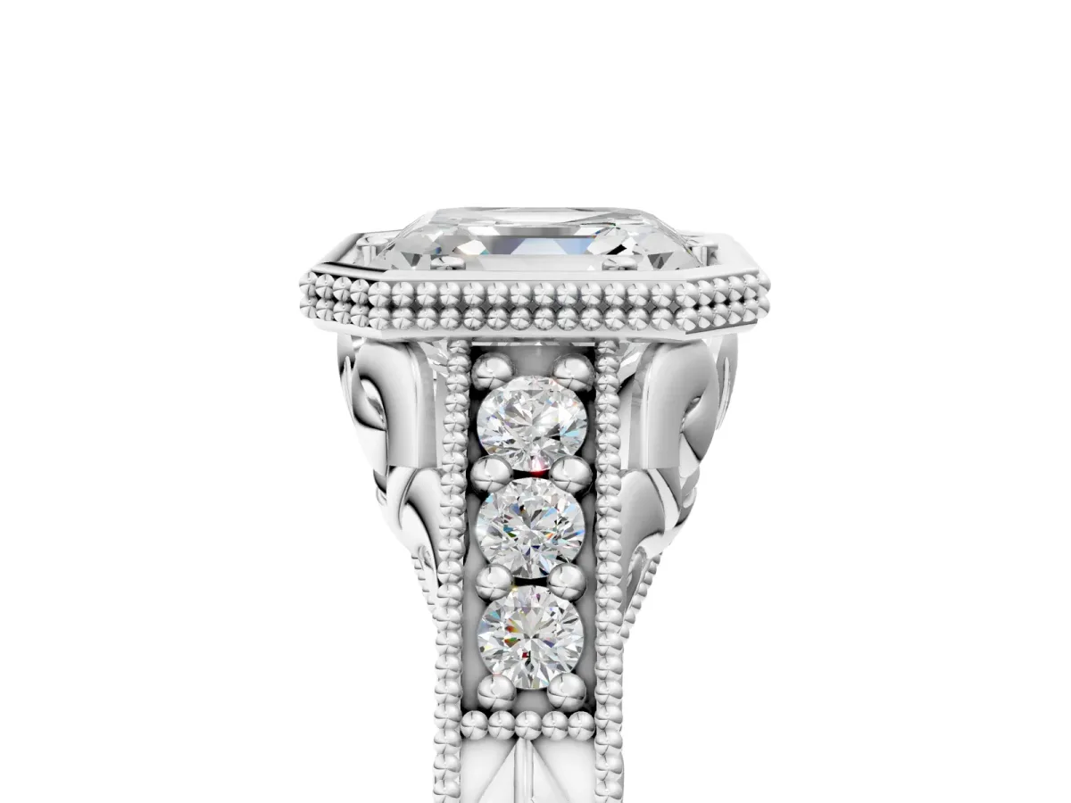 Bezel Set Asscher Cut Diamond Milgrain Pave Engagement Ring Platinum