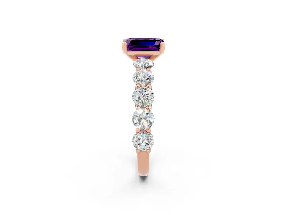 Emerald Cut Amethyst Prong Setting with Side Stones on a Pave Band Rose gold