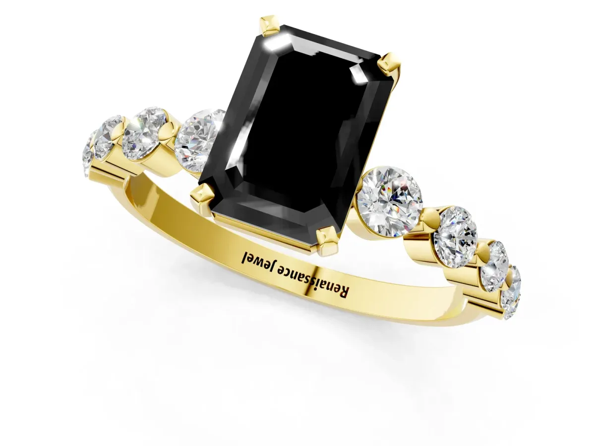 Fancy Black Emerald Cut Solitaire Diamond Ring with Pave Band and Four-Prong Setting Yellow gold