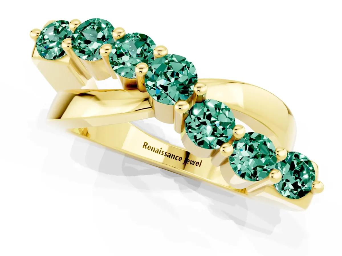 Round Green Sapphire Prong-Set Crossover Band Yellow gold