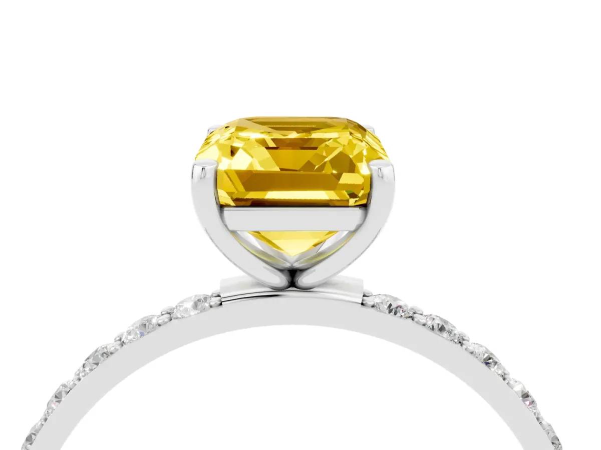 Emerald Cut Yellow Sapphire Solitaire Ring with Round Pavé Shoulders and Prong Setting Silver