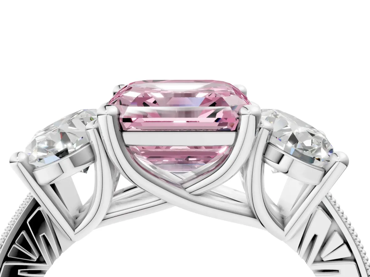 Fancy Pink Three-Stone Asscher Cut Diamond Milgrain Pave Band with Prong Setting Platinum