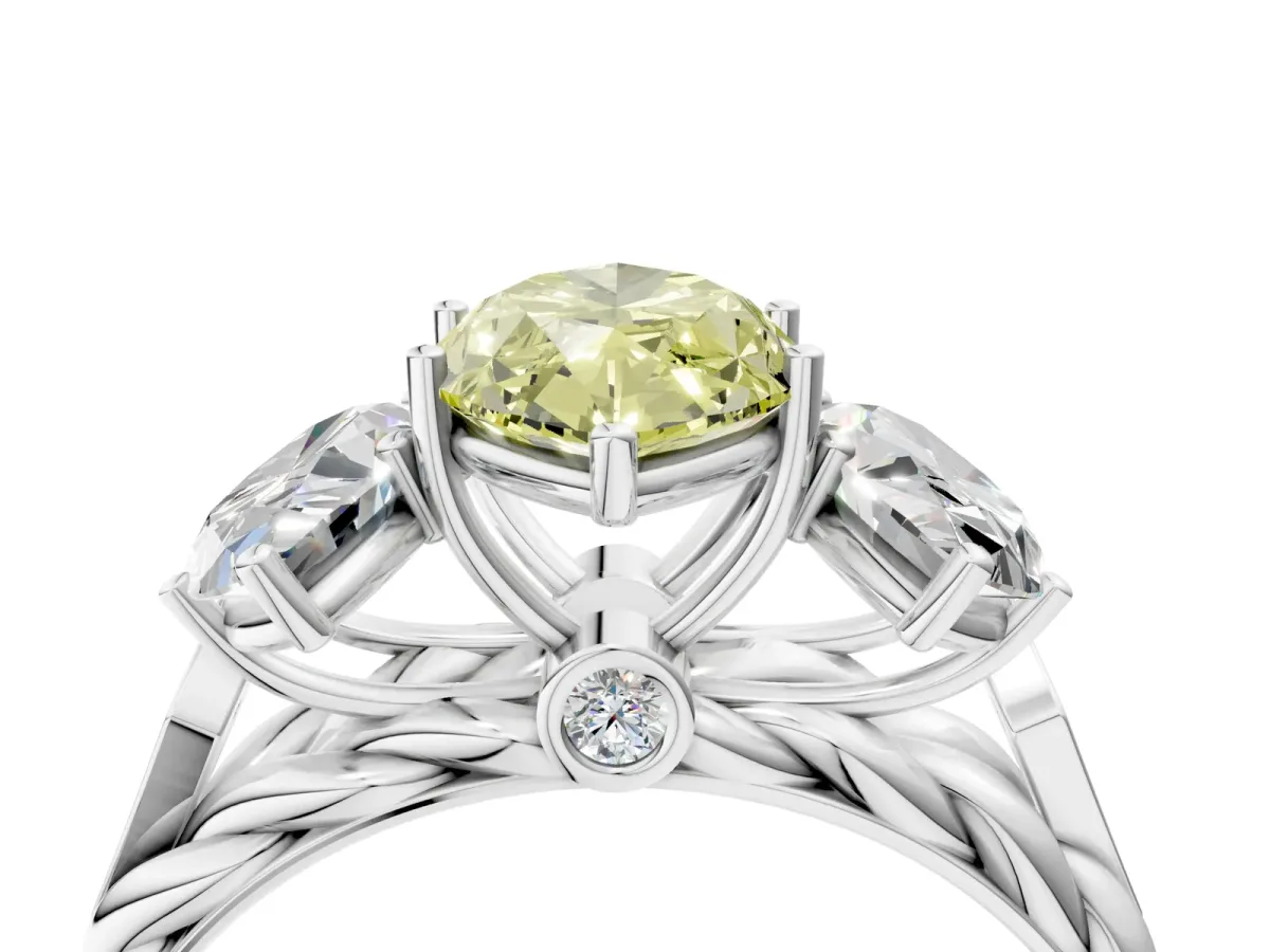 Fancy Yellow Three-Stone Marquise Cut Diamond Braided Band Ring with Four-Prong Setting Platinum