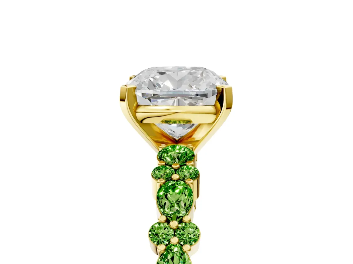 Cushion Cut Diamond Side Stone Solitaire Ring with Round Peridot and Four-Prong Setting Yellow gold