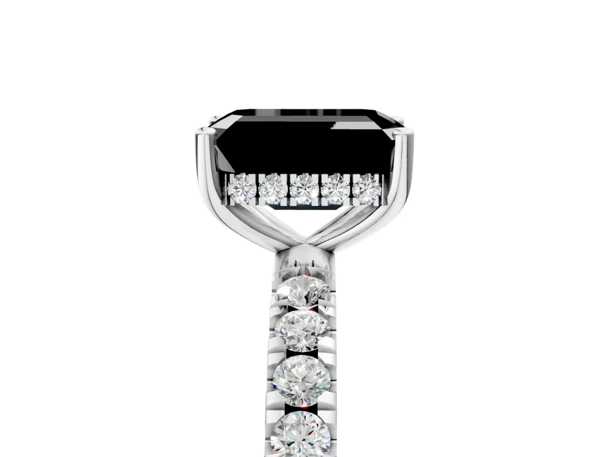 Fancy Black Emerald Cut Diamond Pave Band Solitaire Ring with Round and Prong Setting Platinum
