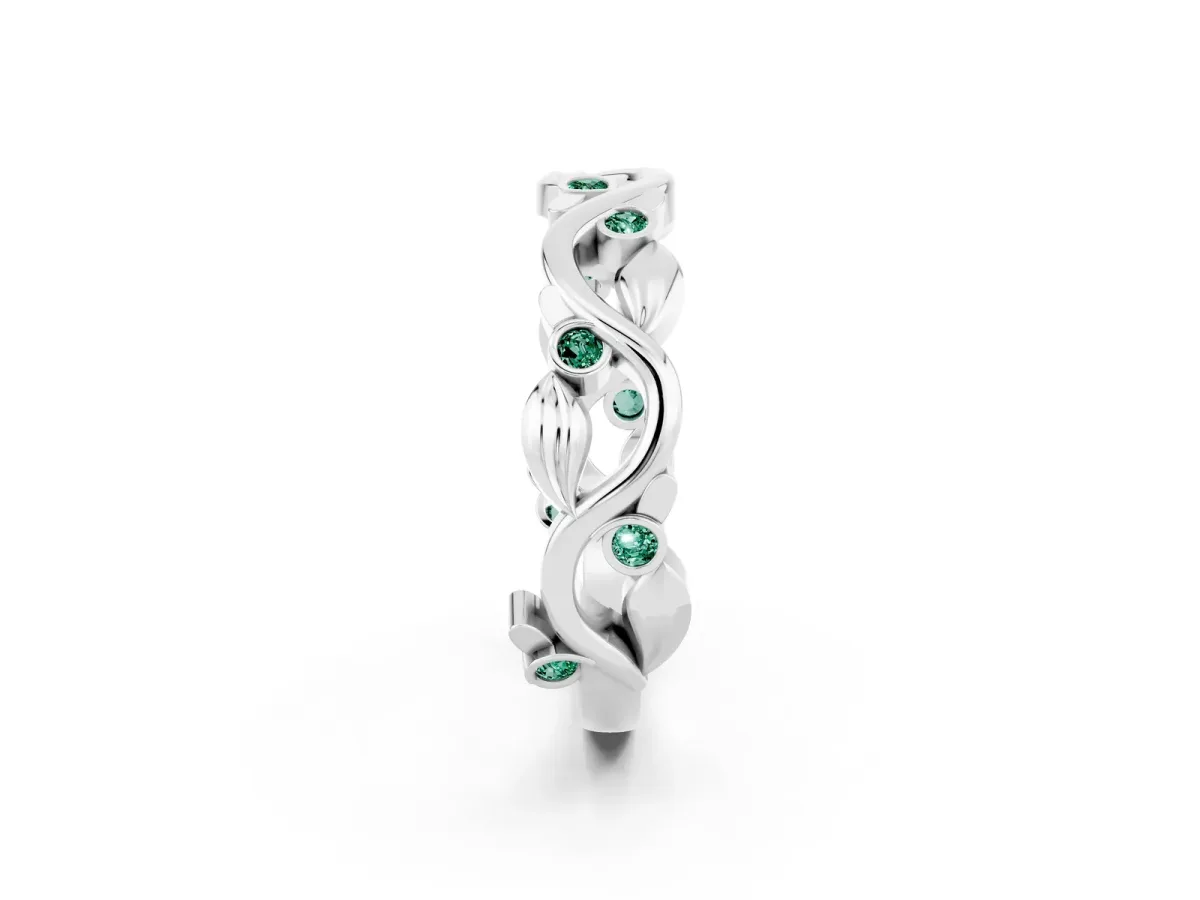 Round Green Sapphire Leaf Eternity Band with Bezel Setting White gold
