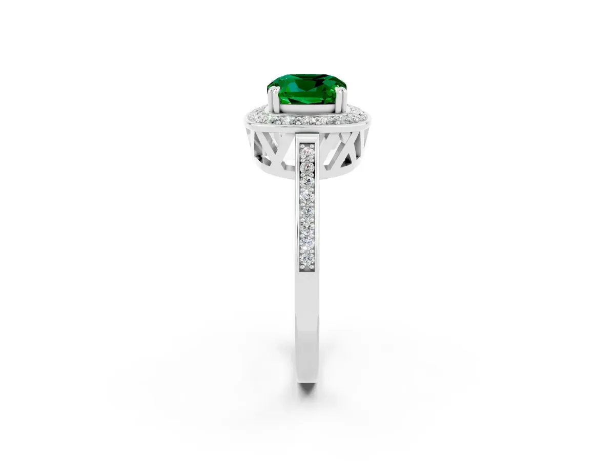 Cushion Cut Emerald Halo Ring with Split Shank and Four-Prong Setting White gold