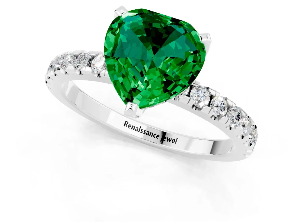 Heart Cut Emerald Solitaire Ring with Round Pavé Band and Four-Prong Setting Silver